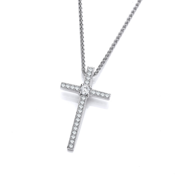 CZ and Sterling Silver Delicate Cross Pendant with 16 - 18" Silver Chain