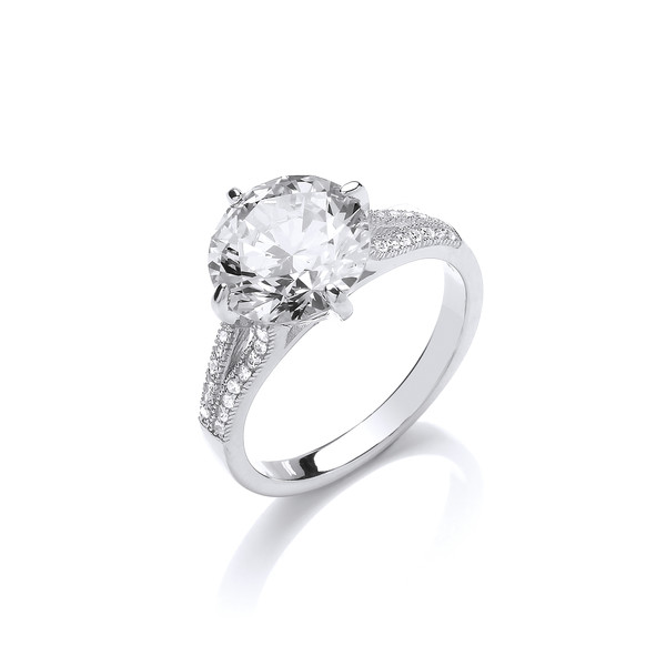 CZ and Sterling Silver Split Shoulder Large Solitaire Ring