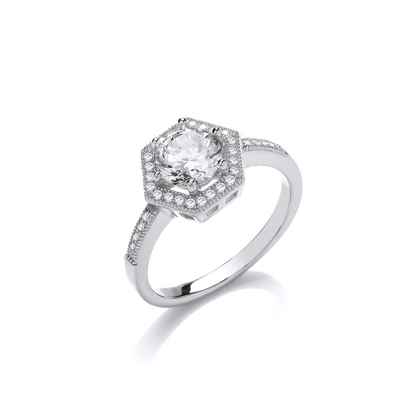 Sterling Silver and CZ Surround Hexagon Solitaire Ring