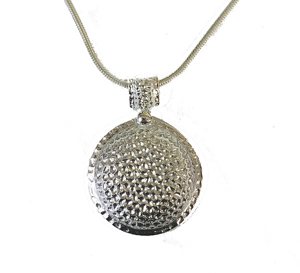 Medallion style silver Dimpled Pendant with 16-18 silver chain.