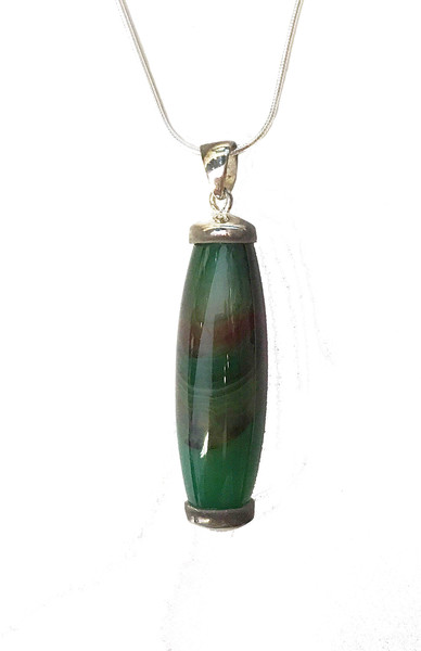 Silver and Green Agate Barrel Pendant with Silver Chain