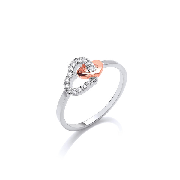 Silver,Rose Gold and CZ Linked Heart Ring