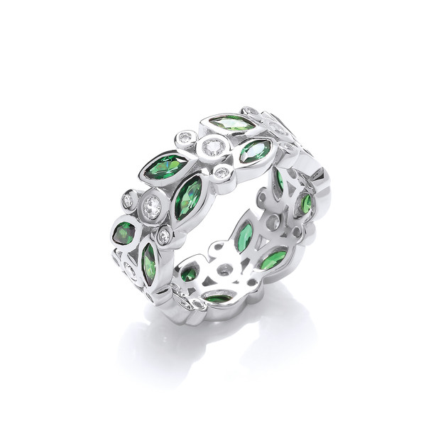 Silver & Green Cubic Zirconia Floral Band Ring
