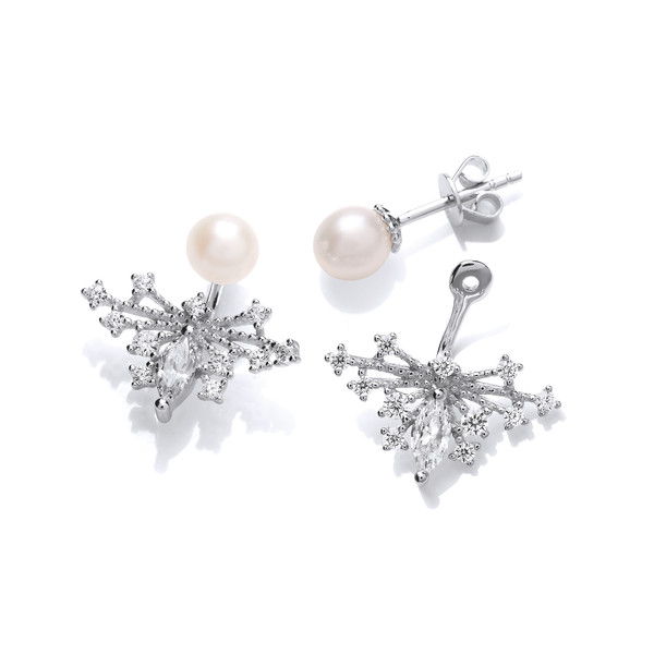 Deco Style Cubic Zirconia and Pearl Butterfly Jacket Earrings
