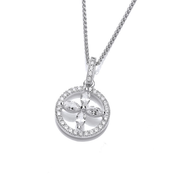 Silver & Cubic Zirconia Circled Flower Pendant with 16-18 Silver Chain
