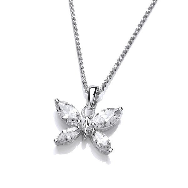Simple Silver & Cubic Zirconia Butterfly Pendant with Silver Chain