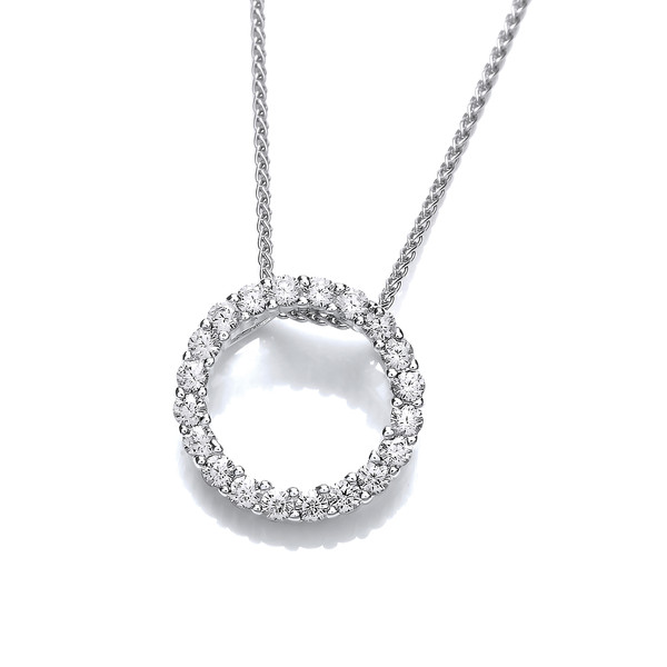 Silver & Glittering Cubic Zirconia Circle Pendant with 16-18 Silver Chain