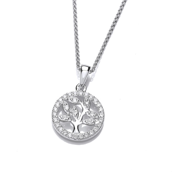 Mini Cubic Zirconia Encrusted Tree of Life Design Pendant with 16-18 Silver Chain