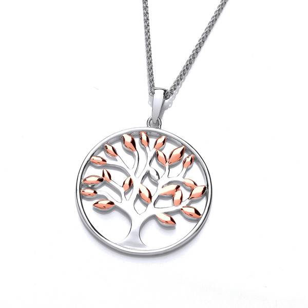 Silver and Rose Gold Tree of Life Design Pendant with 16-18 Silver Chain