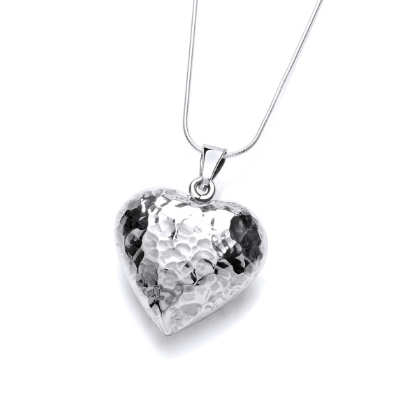 Large Silver Hammered Puffed Heart Pendant without Chain