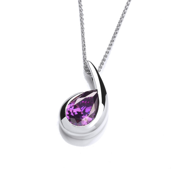 Silver & Amethyst Cubic Zirconia Comma Pendant with 16-18  Silver Chain