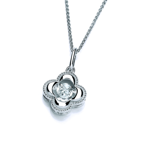 Silver & Dancing Cubic Zirconia Four Leaf Clover Pendant with 16-18 Silver Chain
