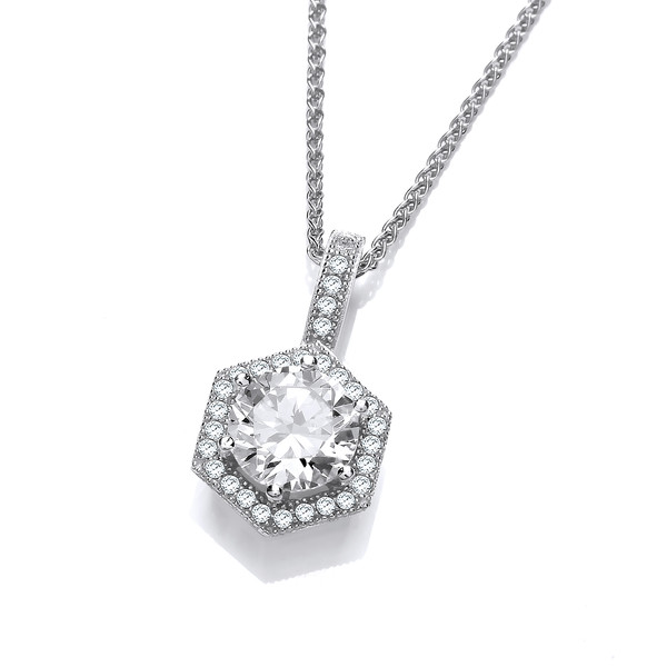 Heavenly Hexagon Cubic Zirconia Solitaire Pendant with 16-18 Silver Chain