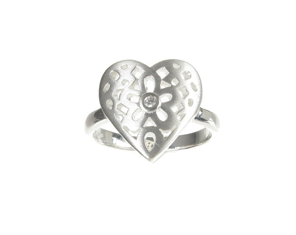 Sterling Silver Filigree Heart Ring With Central CZ Stone
