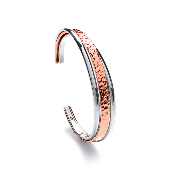Sterling Silver and Copper Hammered and Shiny Cuff Bangle