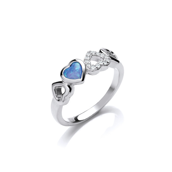 Silver, Cubic Zirconia & Blue Opalique Heart Ring