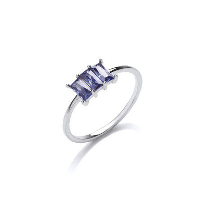 Silver and Tanzanite Cubic Zirconia Triple Baguette Ring