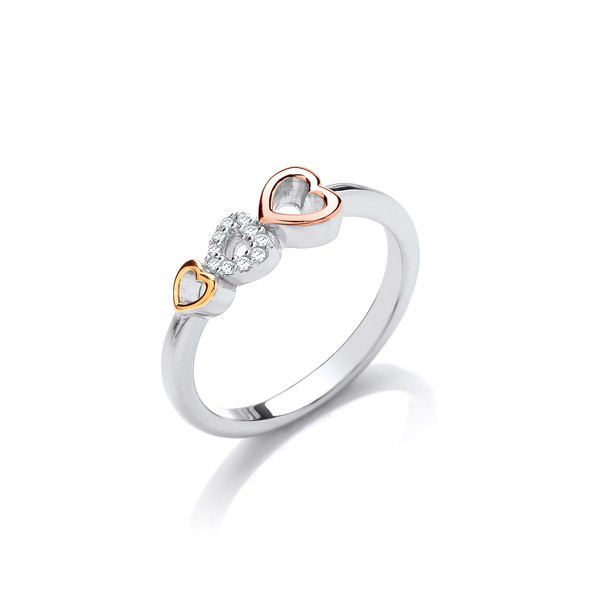 Silver, Cubic Zirconia & Gold Hearts Ring