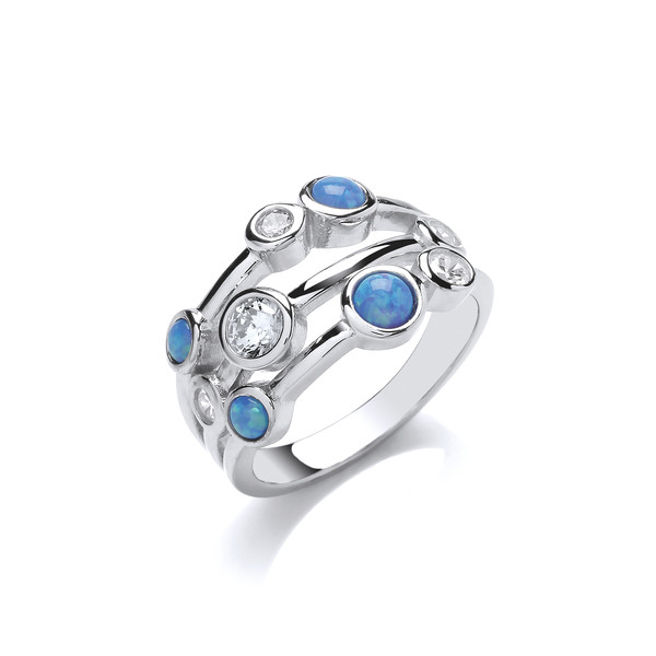 Silver, Cubic Zirconia & Blue Opalique Triple Band Ring