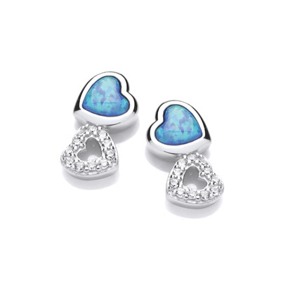 Silver, Cubic Zirconia & Opalique Double Heart Earrings