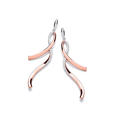 Silver, CZ and Rose Gold Ribbon Curl Earrings