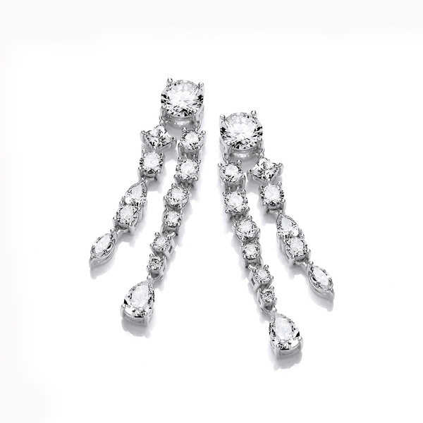 Silver & Cubic Zirconia Double Strand Teardrop Earrings