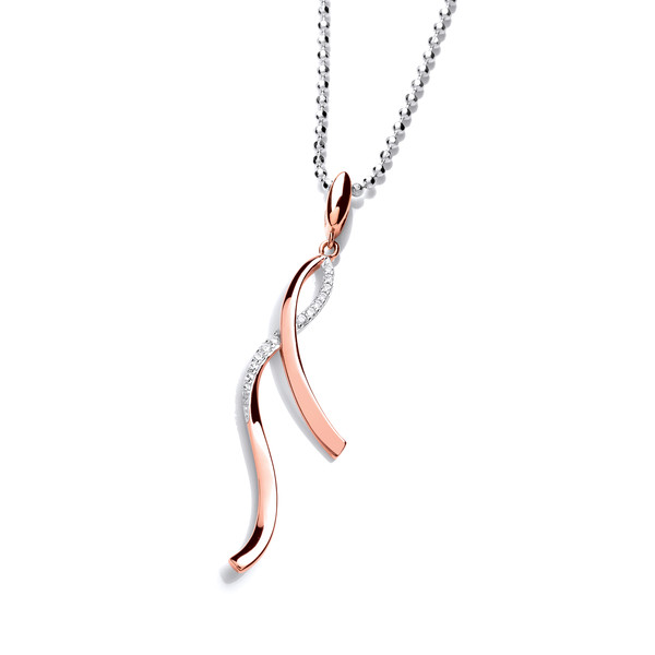 Silver, Cubic Zirconia & Rose Gold Ribbon Curl Pendant with 18-20 Silver Chain