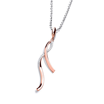 Silver, CZ and Rose Gold Ribbon Curl Pendant