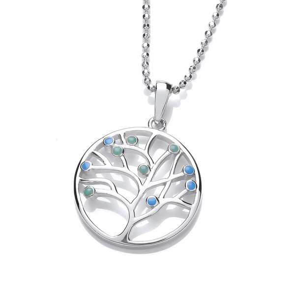 Silver and Blue Opalique Tree of Life Design Pendant with Silver Chain