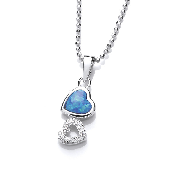 Silver, CZ and Blue Opalique Linked Heart Pendant without Chain