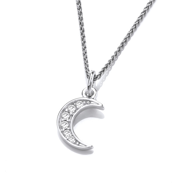 Silver & Cubic Zirconia Crescent Moon Pendant with Silver Chain