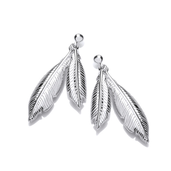 Silver Double Feather Spirit Drop Earrings