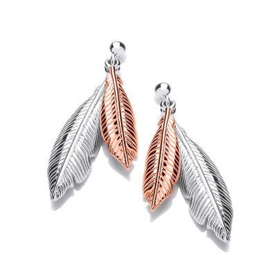 Silver and Rose Gold Double Feather Spirit Drop Earrings