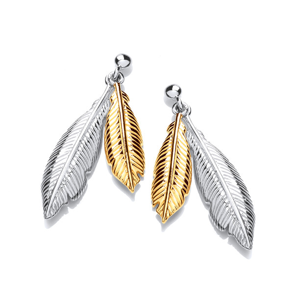 Silver and Gold Vermeil Double Feather Spirit Drop Earrings