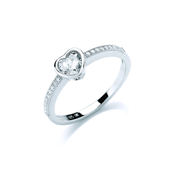 CZ Half Band Heart Solitaire Sterling Silver Ring