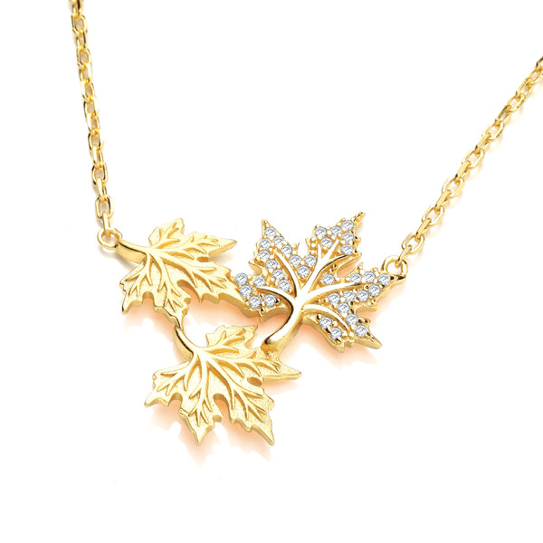 Silver, Cubic Zirconia and Gold Vermeil Maple Leaf Necklace