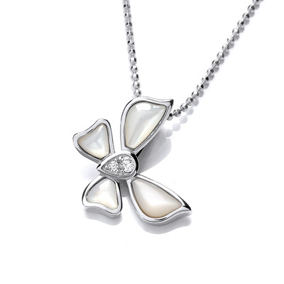 Silver, Cubic Zirconia & Mother of Pearl Butterfly Pendant