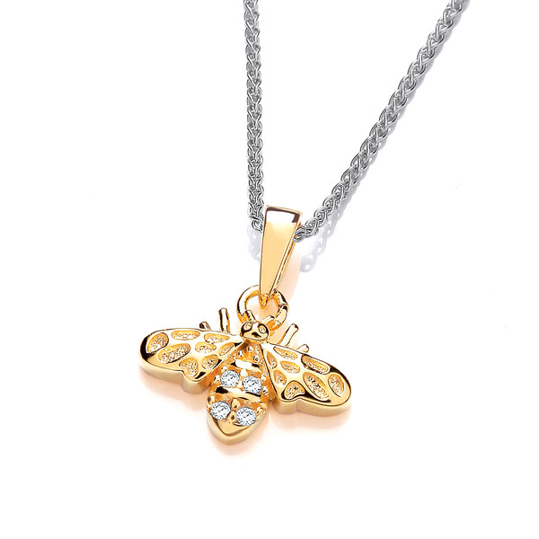 Silver, Cubic Zirconia & Gold Honey Bee Pendant with a 16-18 Silver Chain