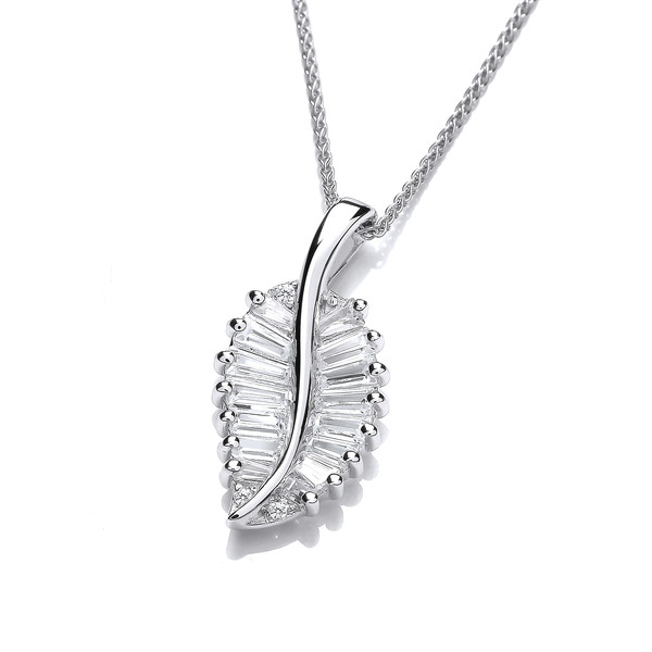 Silver & Baguette Cut Cubic Zirconia Leaf Pendant with a 16-18 Silver Chain