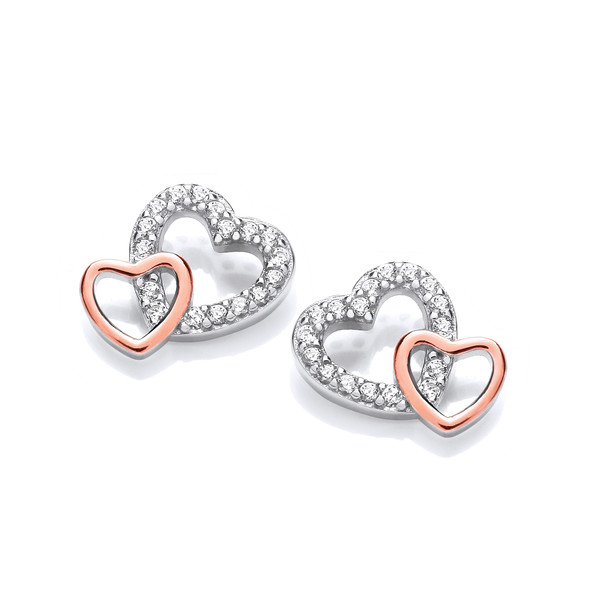 Silver, Cubic Zirconia & Rose Gold Double Heart Earrings