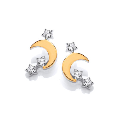 Silver, Cubic Zirconia & Gold Moon Earrings
