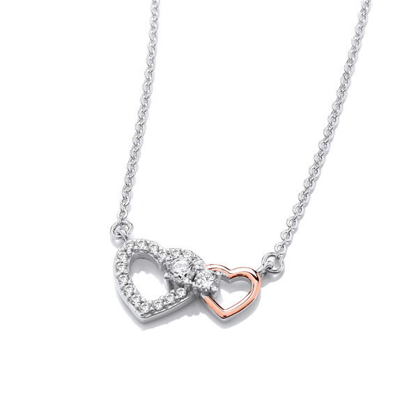 Silver, Cubic Zirconia & Rose Gold Double Heart Necklace