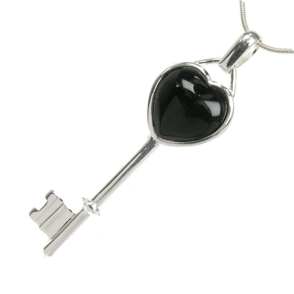 Silver and Black Agate heart key pendant with 16 - 18" Silver Chain
