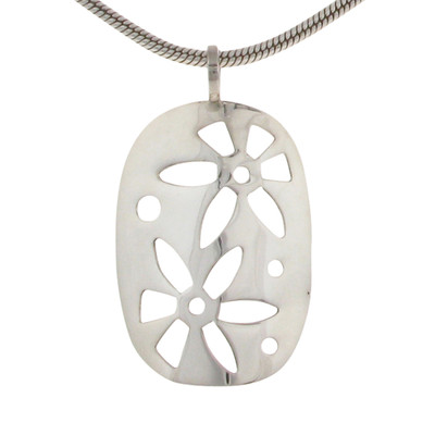 Silver oval pendant with cut-out flowers