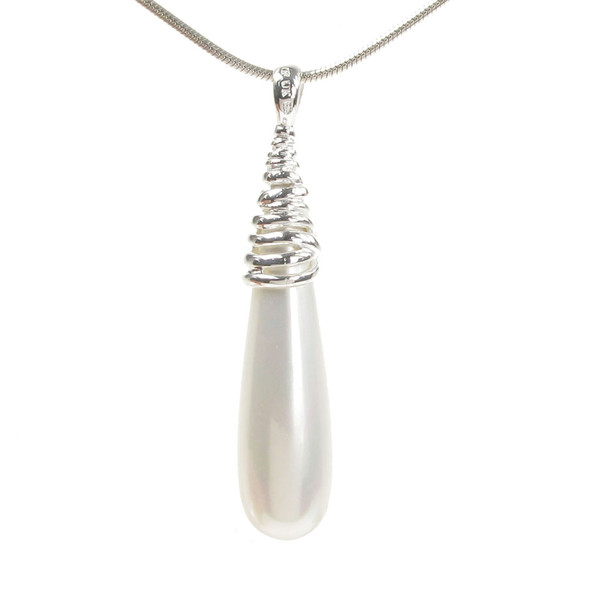 Long Shell Pearl Drop Sterling Silver Pendant with 16 - 18" Silver Chain
