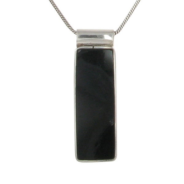 Sterling Silver and Black Agate Oblong Drop Pendant with 16 - 18" Silver Chain