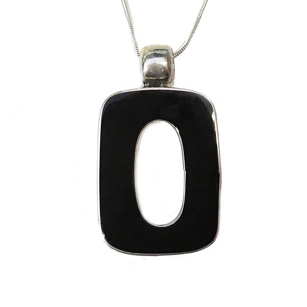 Silver and Black Agate Squared Polo Pendant with 16-18 Chain