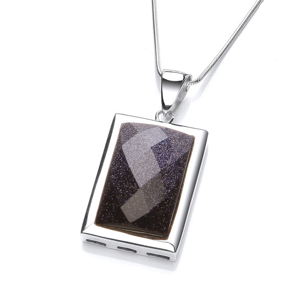 Silver Surround Blue Sandstone Oblong Pendant with 16-18 Silver Chain