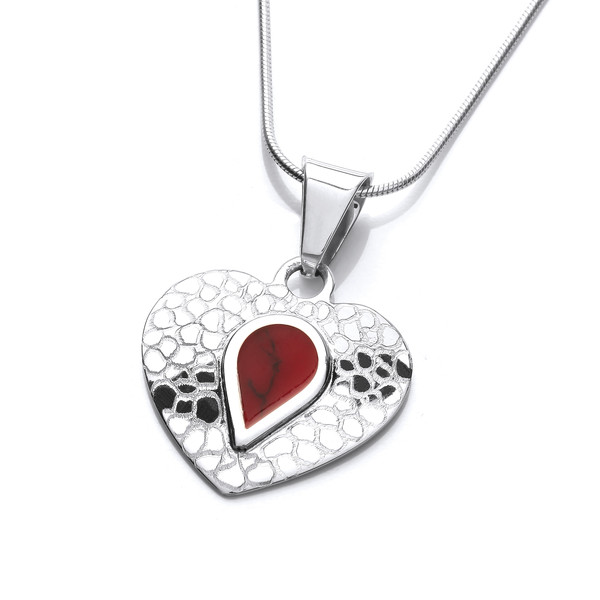 Etched Silver and Red Jasper Heart Pendant without Chain