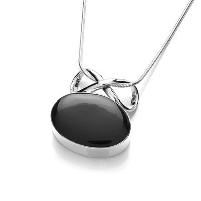 Sterling Silver and Black Agate Oval and Bow Pendant